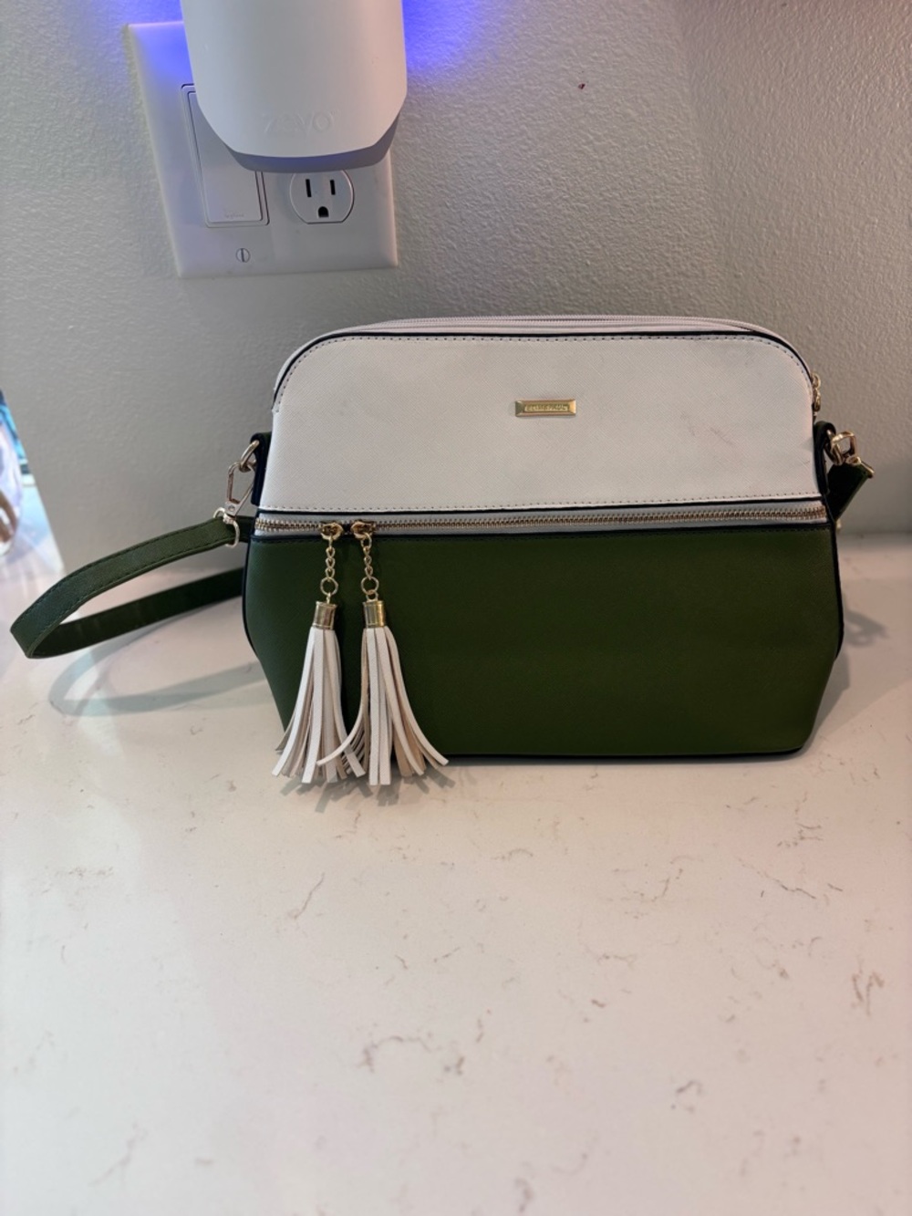 White and Olive Green Tassel Crossbody Bag - Unknown Brand